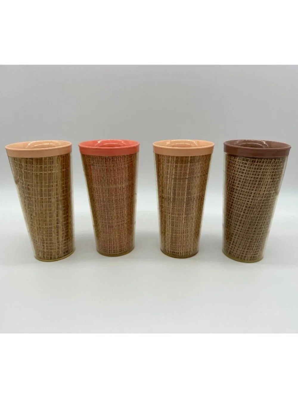 Vintage Tumblers Raffiaware Melamine Thermo Temp Cups Set Of 4 USA Mid Century
